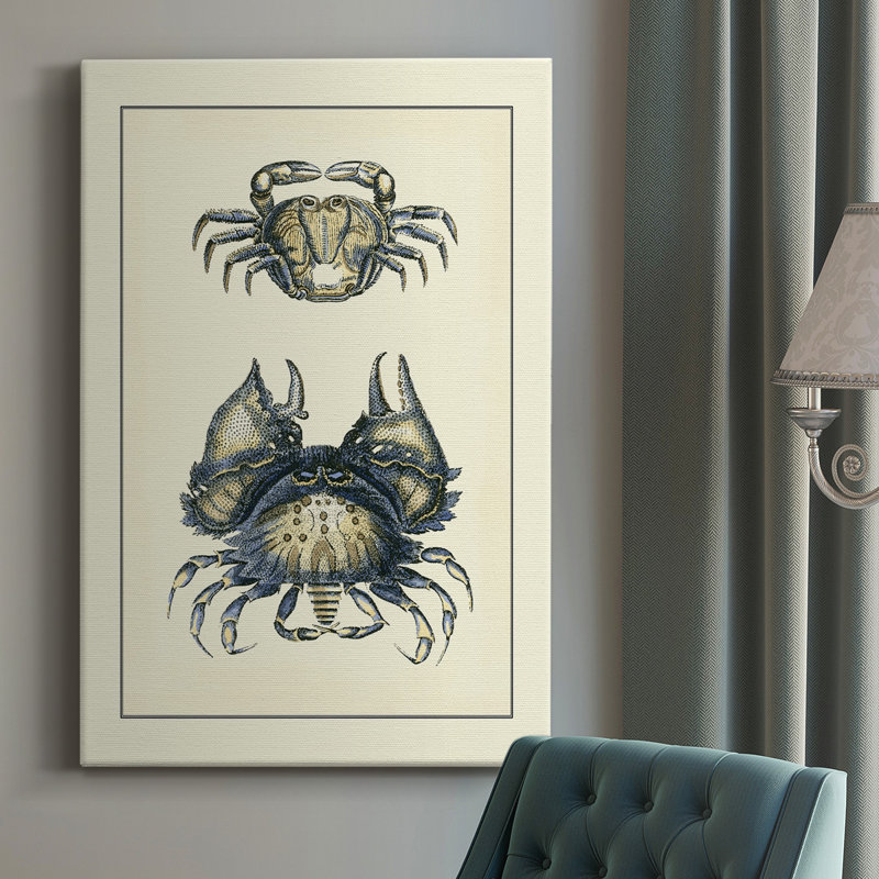 Crabes bleus antiques I - peinture sur toile tendue, H 48 po x l 32 po x P 1,5 po