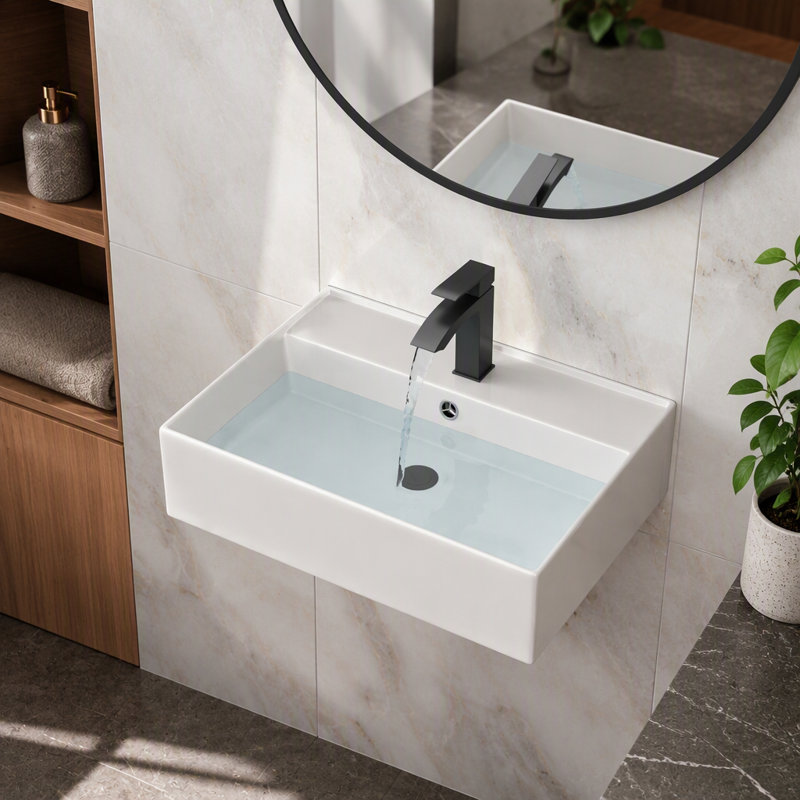 Lavabo de salle de bain mural rectangulaire en céramique blanc 24 po x 16 po avec trou de robinet et trop-plein