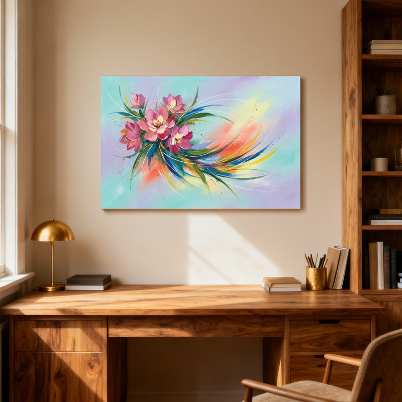 Bouquet de plantes et de fleurs sur fond de tourbillons colorés, H 32 po x l 48 po