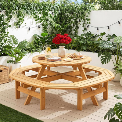 8 Person Wooden Picnic Table, Outdoor Picnic Tables with 4 Built-in Benches, Circular Camping Dining Table and Chairs Set with Umbrella Hole for Garden, Patio, Backyard, Natural