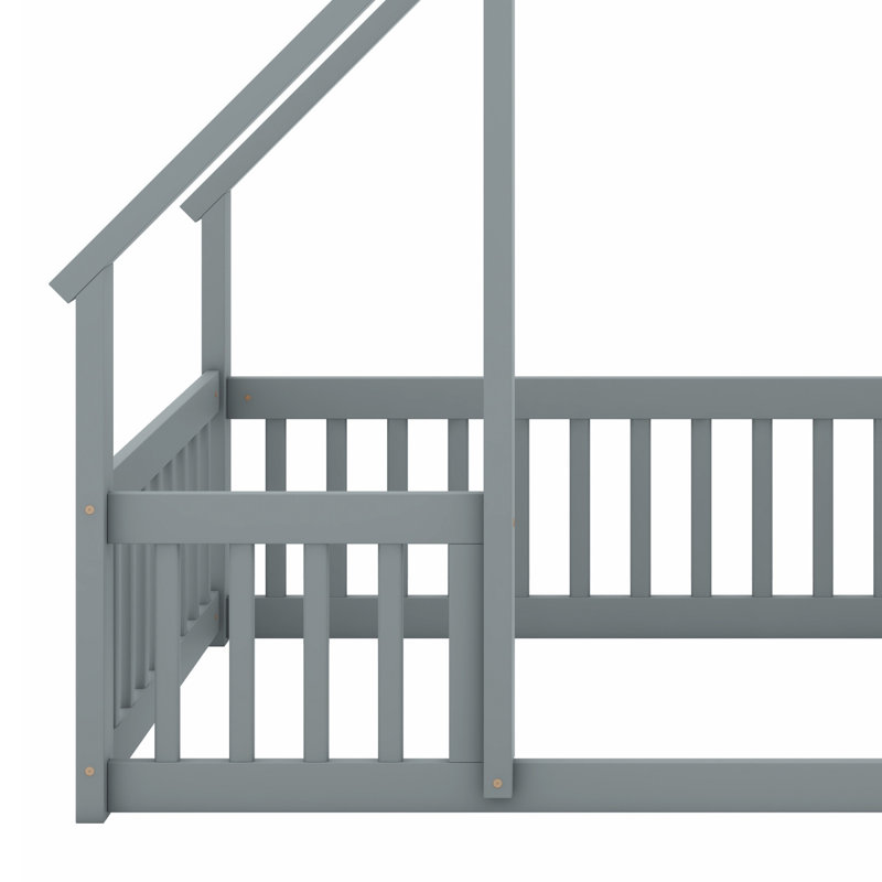 Contemporary House‑Shaped Floor Bed Featuring Safety Fence And Guardrails, Gray