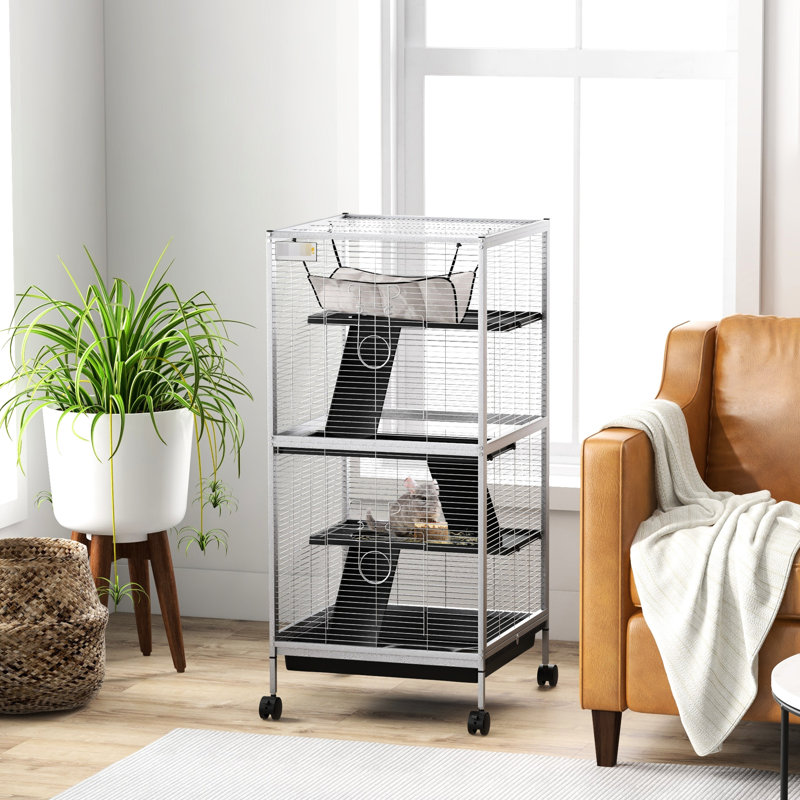 Metal Small Animal Rolling Cage - , Cool Interior For Ferrets, Chinchillas, Sugar Gliders, 4 With , Effortless Hygiene Tray, White Coop Levels, Spacious Cozy Gliders And Clean-Versatile