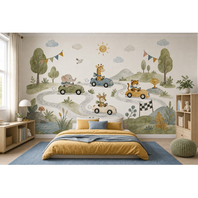 Papier peint pour enfants, aquarelle, animaux de course amovibles, décoration murale