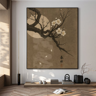 Extra Large Wall Art Fabric Print - Warm Moonlit Plum Blossoms Artwork Decor for Living Room or Bedroom - "Frame Assembly Required (Unfinished Frame)"