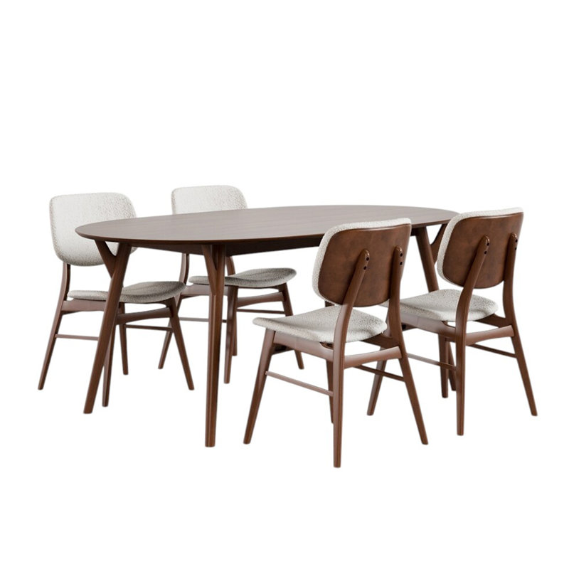 Ensemble de salle à manger ovale en bois avec pieds inclinés en noyer et beige, 5