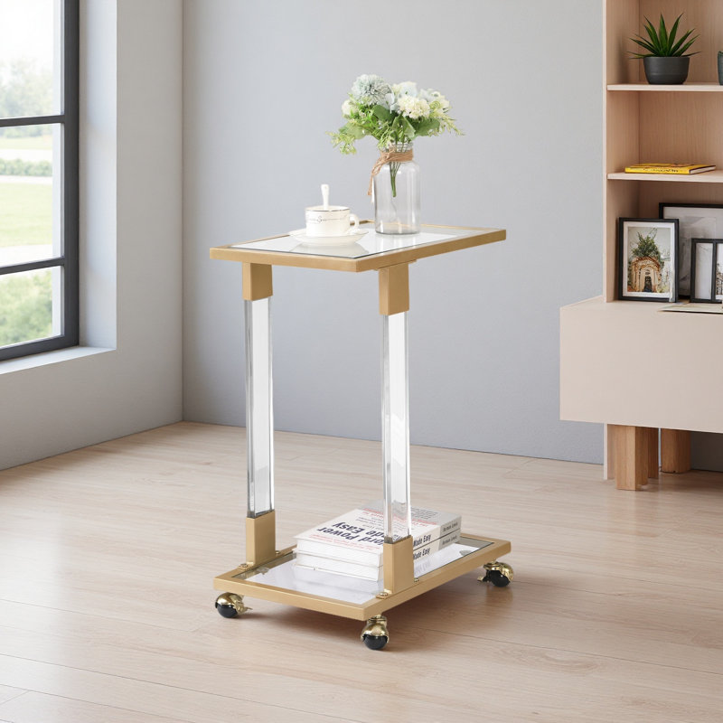 Table d'appoint, table de canapé en acrylique, table en forme de C avec plateau en verre et base en métal pour le salon
