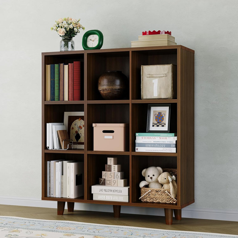 Bibliothèque ouverte à 9 niveaux et 3 cubes, rangement moderne en bois