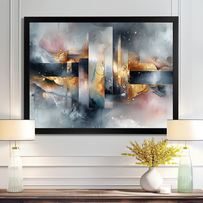 «Geometric Ink Pulse III - Constructivism», art mural, H 30 po x l 40 po, Cadre simple, Noir