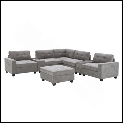 Canapé modulaire de 104 po avec plateau en acrylique, ensemble de canapé en U en chenille avec 2 consoles, chargeur USB, tiroirs et poches de rangement, repose-pieds mobile, canapé capitonné pour salon, appartement,