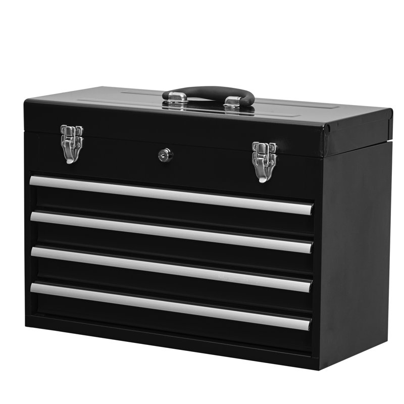 Commode 4 tiroirs en métal - Boîte en acier thermolaqué pour garage avec tiroirs à outils noirs avec serrure