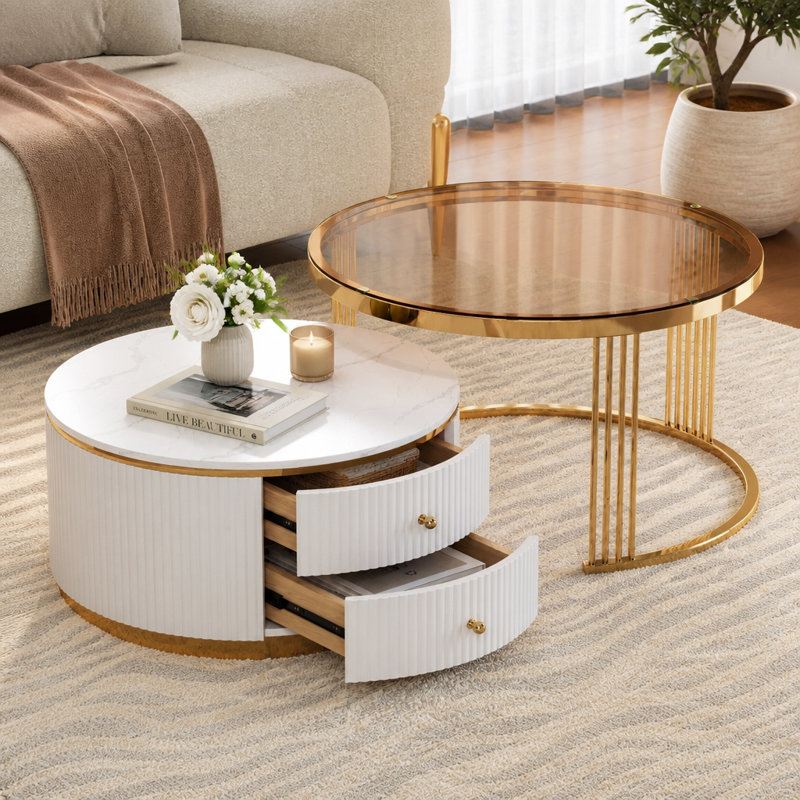 Table basse gigogne moderne 2 pièces avec tiroirs et plateau en verre trempé Modern, Brown,White