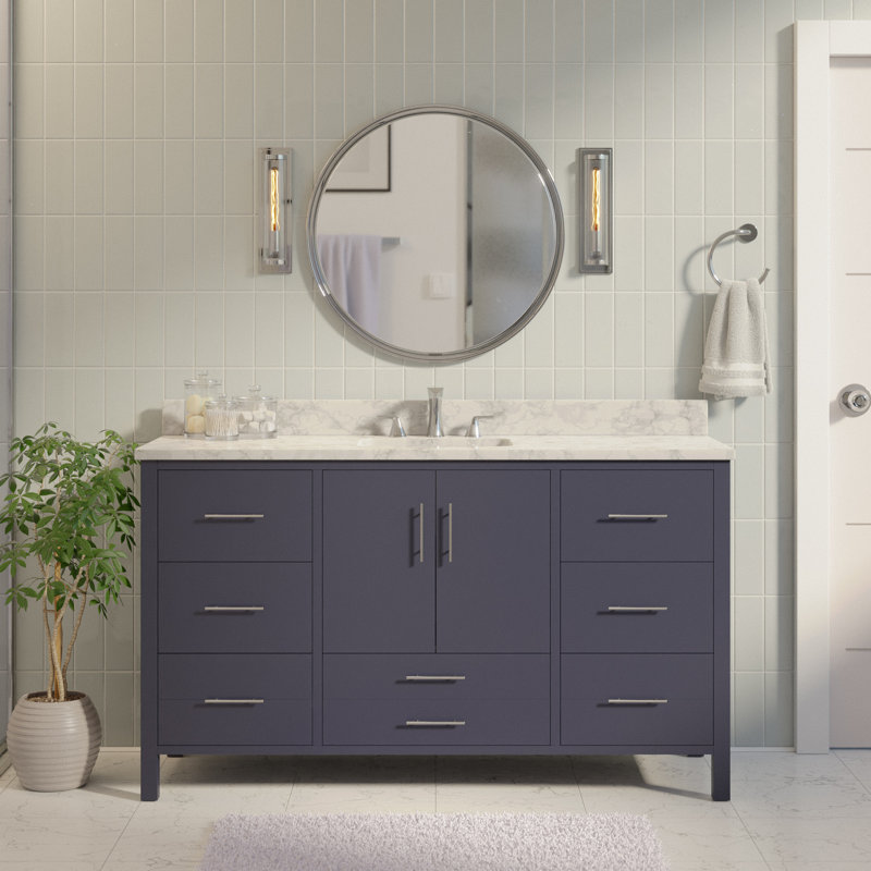 Ensemble de meuble-lavabo simple 60 po Kiara, Gris marine, Marbre de Carrare