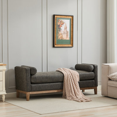 66.34"W Upholstered End of Bed Bench with Weathered Finish Wood Frame