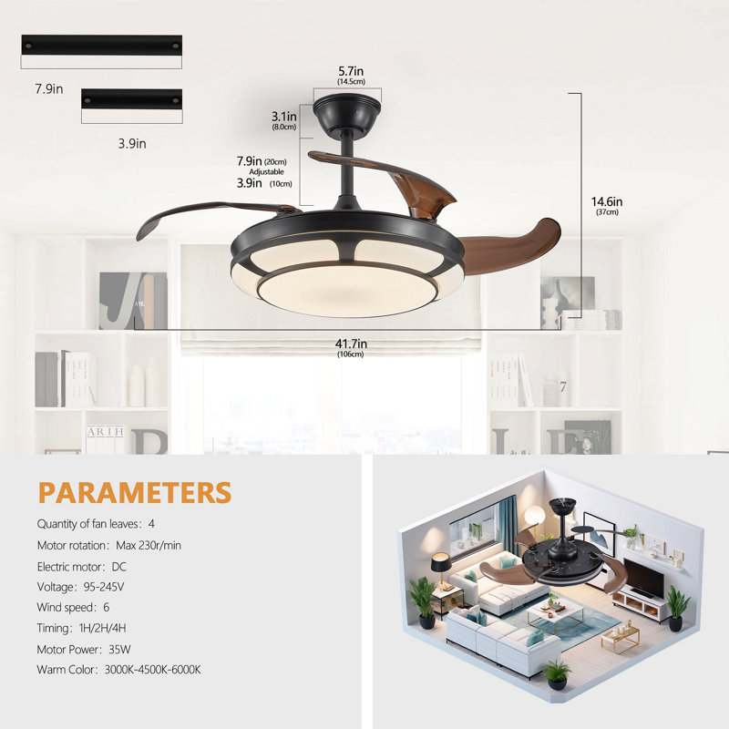 Ventilateur de plafond rétractable avec lumière, ventilateur de lustre à DEL moderne avec télécommande, pales réglables à 6 vitesses, moteur à courant continu silencieux, éclairage à intensité variable pour le salon, la chambre à coucher, la s