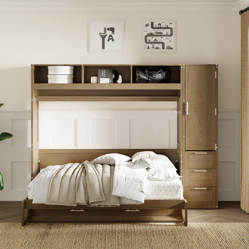 Lit escamotable double avec garde-robe, tiroirs et tablettes ouvertes