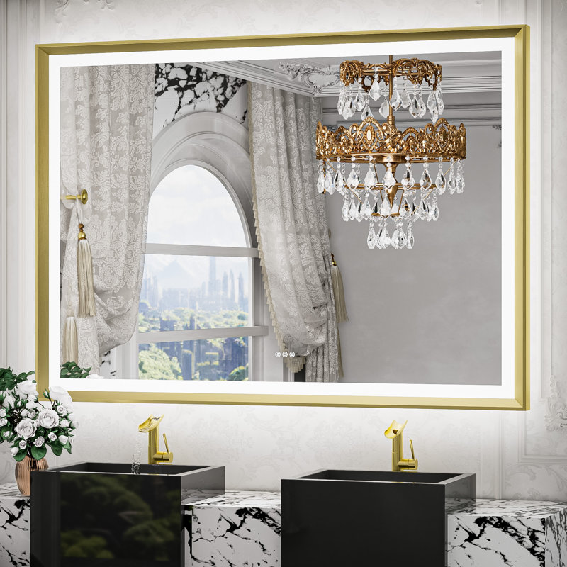 Miroir de salle de bain à DEL New Rockford, 48 po x 36 po, Doré, Rectangulaire