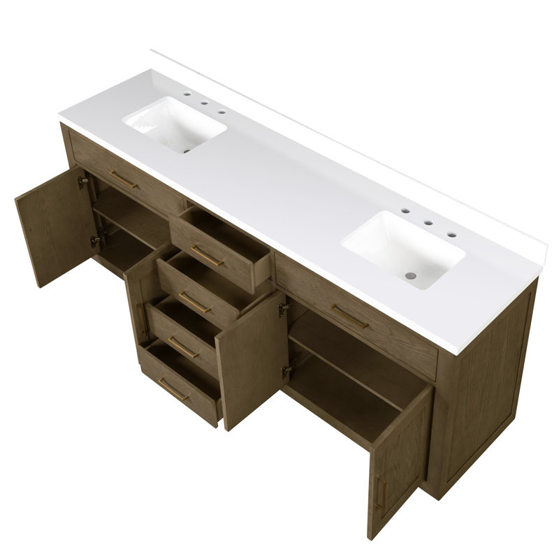 Meuble-lavabo double en chêne gris 84 po L 22 po P avec surface en quartz blanc - structure en bois massif, caractéristiques de fermeture en douceur, rangement de salle de bain entièrement assemblé avec dessus en bois de 84 po et 22 po, unité