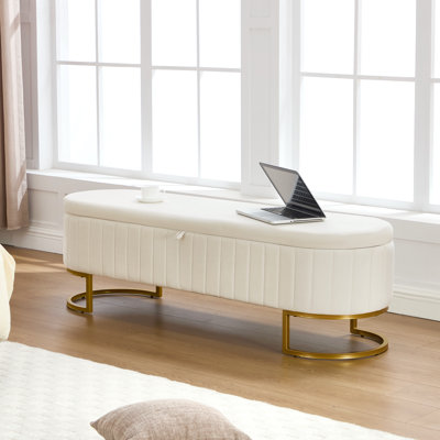 Velvet Upholstered Storage Bench with Horseshoe-Shaped Metal Legs for Living Room: Stylish and Functional Bed-End Solution