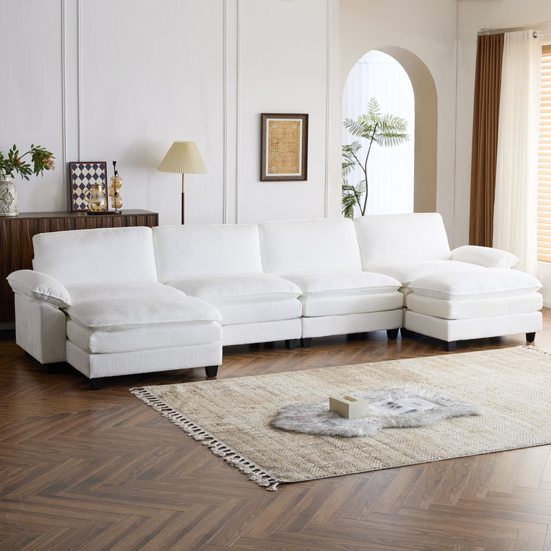 Latitude Run® 4-Seat Sectionals With 2 Ottoman, Cream Corduroy