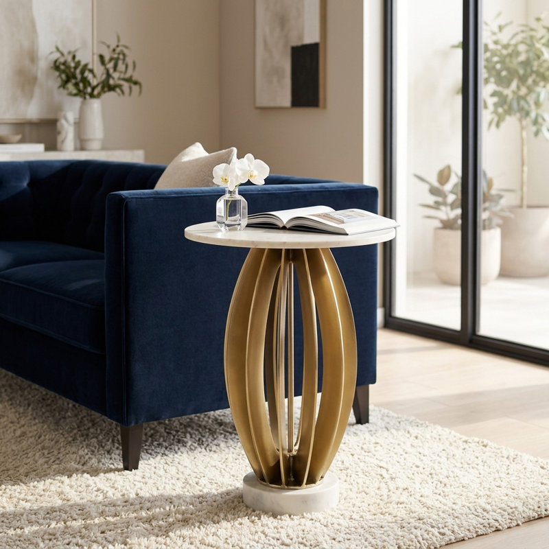 White Marble & Gold Metal Accent Table - 25" Round Modern Glam Side Table for Living Room or Bedroom