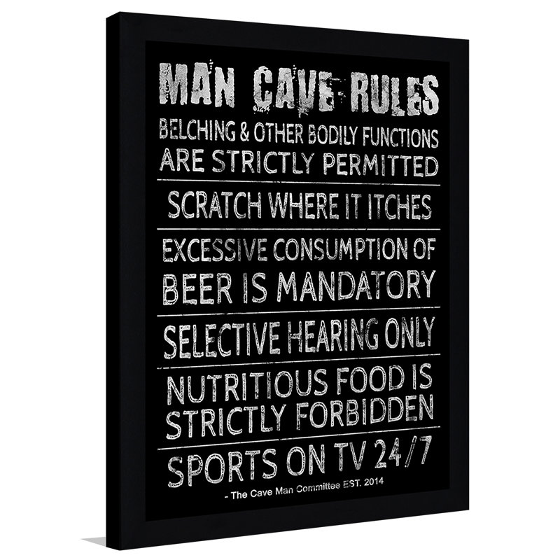 « man cave rules v », art textuel encadré, H 37,5 po x l 25,5 po x P 1 po