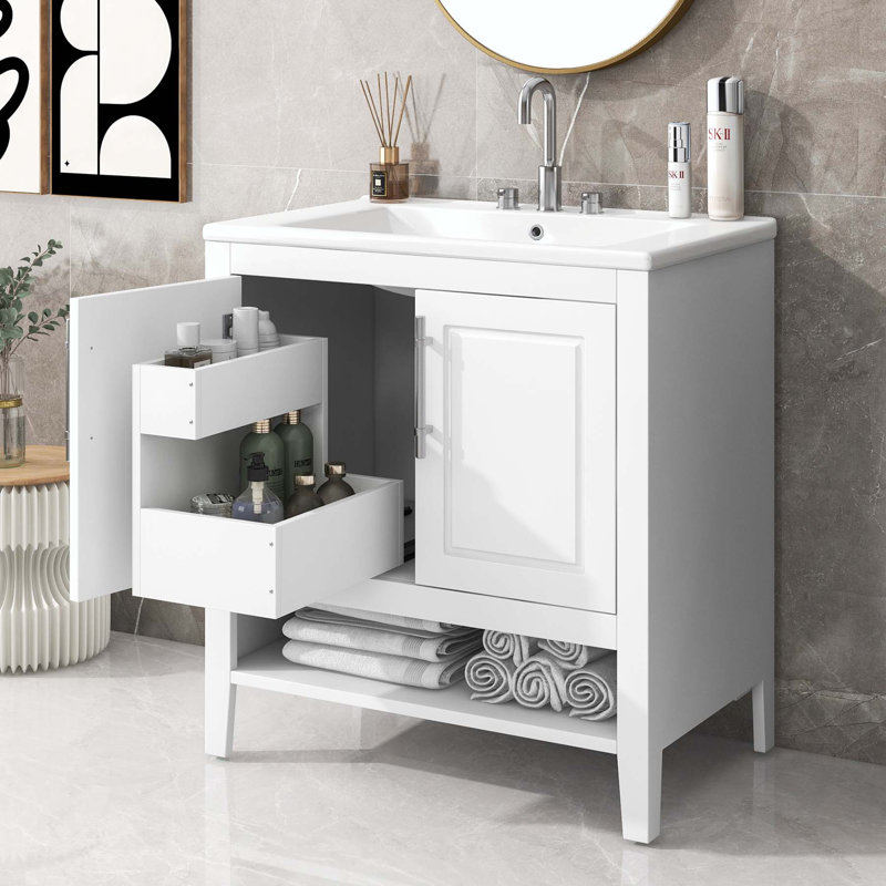 Meuble-lavabo multifonctionnel avec lavabo et structure solide, Blanc