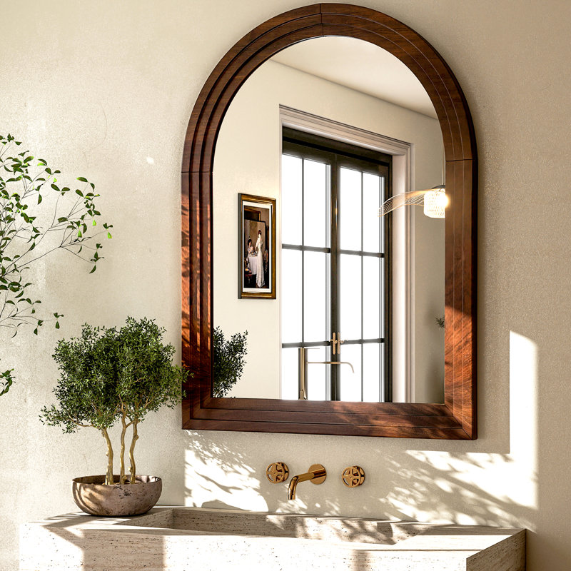 Wood Framed Wall Mirror, 35.4" x 24", Brown Wood