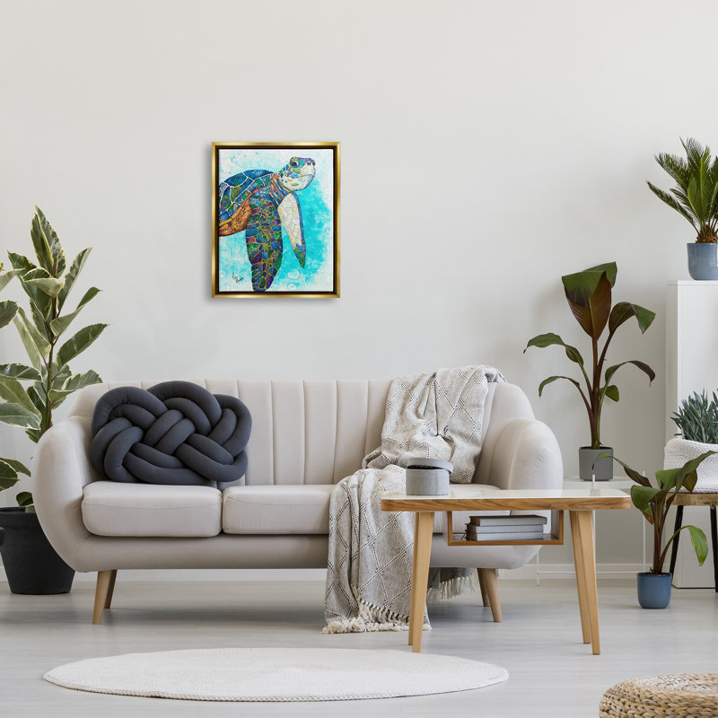 Bold Aquatic Sea Turtle Collage Painting with Gold Frame