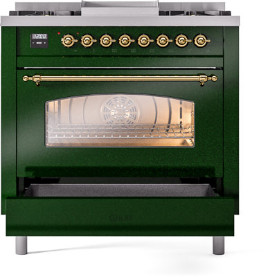 Cuisinière à double combustible 36 pouces avec 6 brûleurs, plaque chauffante (porte vitrée) ILVE Nostalgie II Series