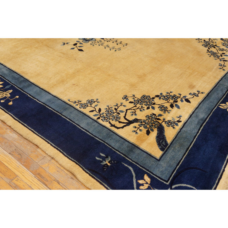 Wool Antique 1920s Blue Ivory Beige Cream White Rectangle Hand Knotted Pile Rug