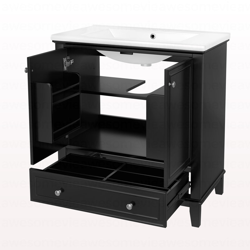 Meuble-lavabo 30 po avec lavabo, armoire multifonctionnelle avec portes et tiroir, cadre solide et panneau de fibres à densité moyenne, noir