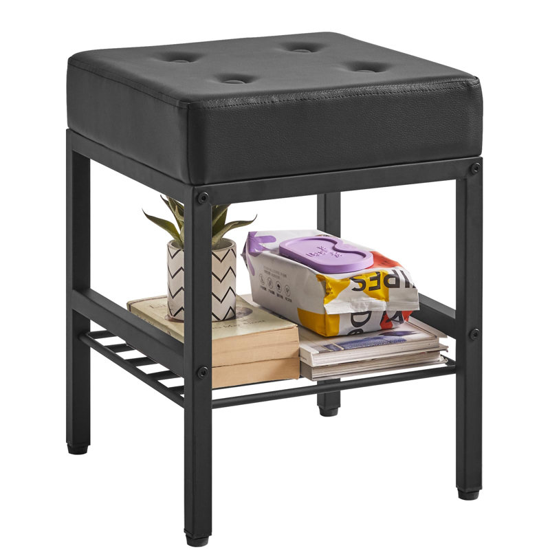 Black PU Cushion Square Vanity Stool with Adjustable Feet and Storage Space
