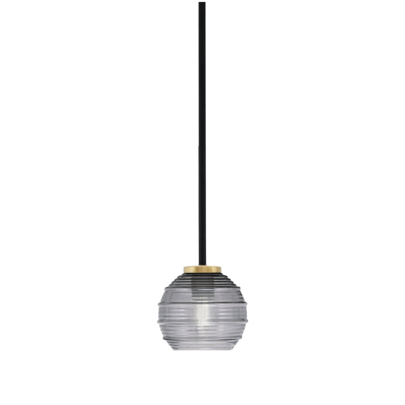 Mini-luminaire suspendu 1 lumière Amarmula, noir mat et laiton vieilli, verre strié fumée 6 po, Transparent/noir