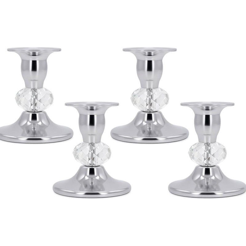 Porte-bougies 4 pièces argenté avec détails en cristal