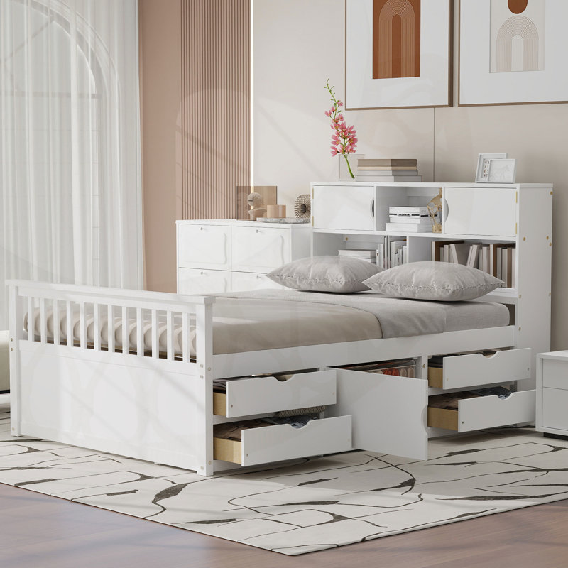 Lit avec tablettes, armoires et tiroirs, Blanc