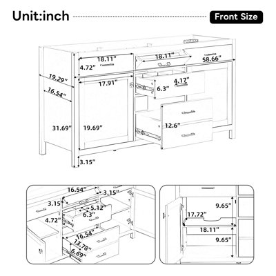 58.7" Bathroom Vanity Cabinet Only, Soft-Close Doors & Drawers, White