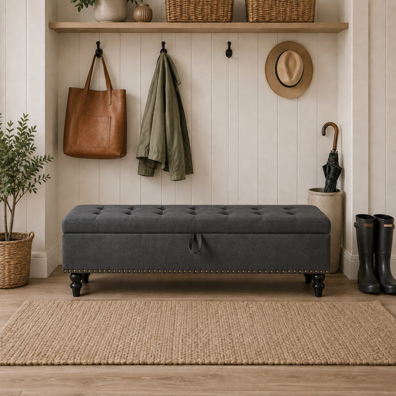 Élégant banc de rangement rembourré en lin et coton avec plateau rabattable, Gris