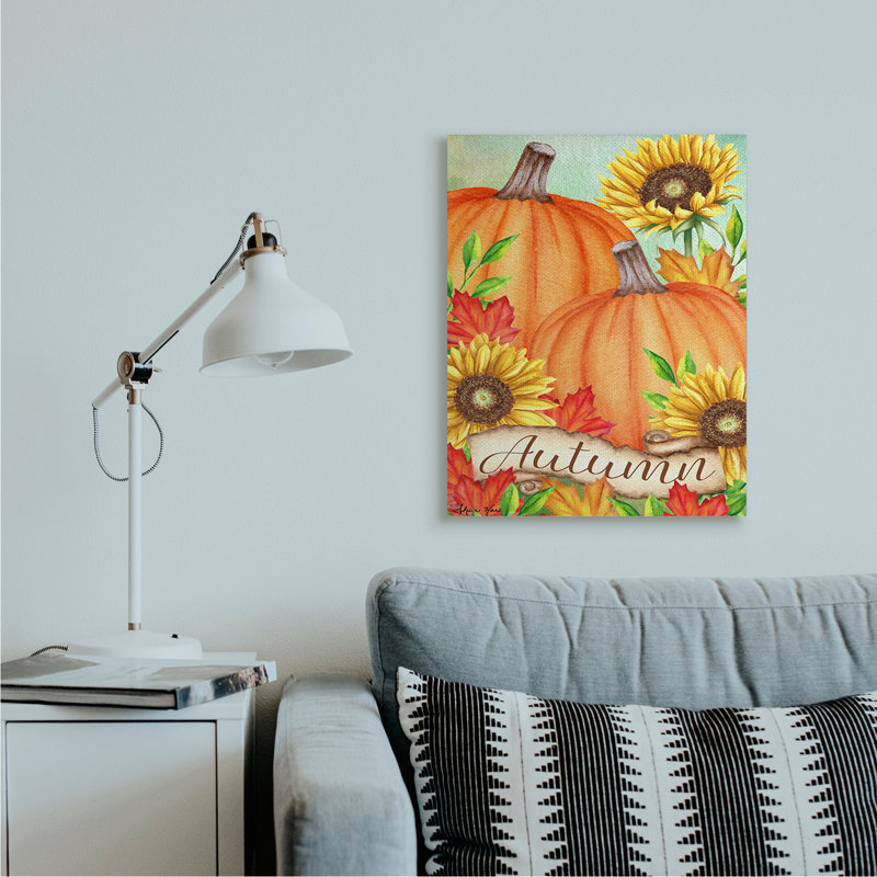 Citrouilles d’automne avec feuilles de tournesol rouge par Sheri Hart-impression d’art graphique, Toile
