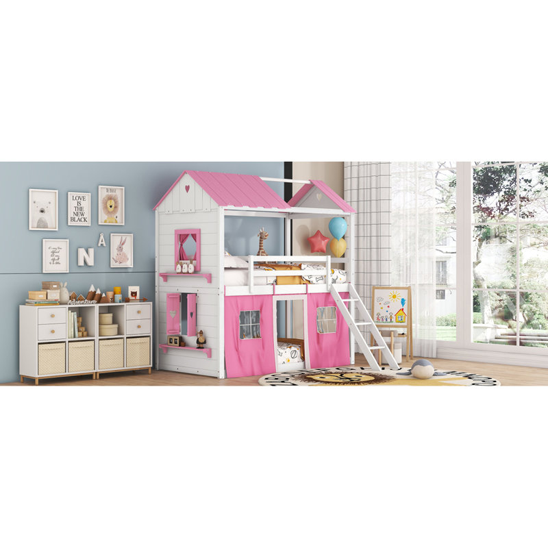 Lit simple en bois avec lits élégants, fenêtres et rebords, rose et blanc