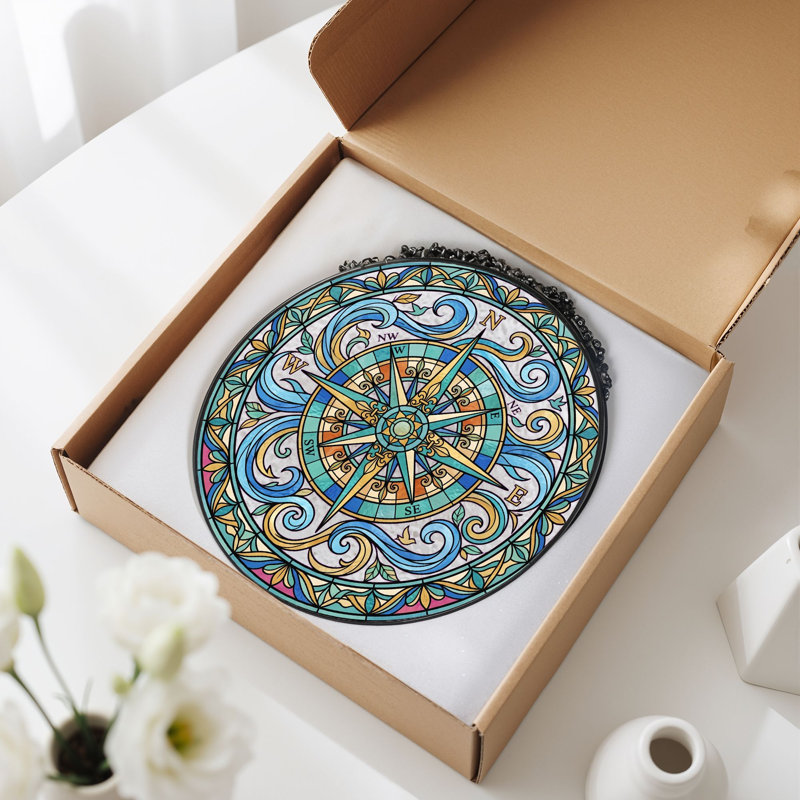 Compass Rose Stained Glass Window Panel，7.8H, 7.8"H