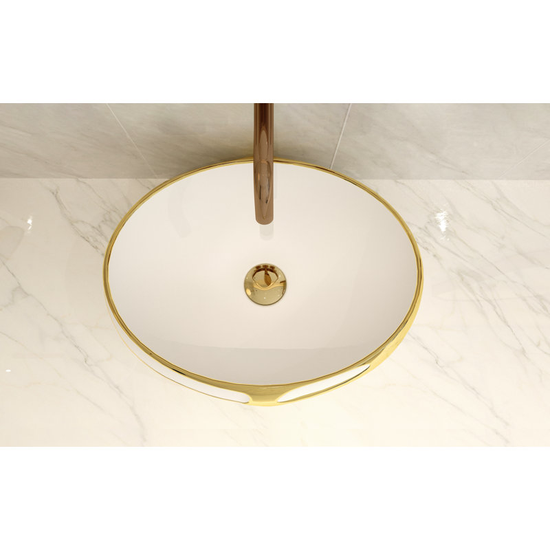 MEJE 18" Oval Embossed Gold Trim Bathroom Sink, Above Counter Art Basin (Include Pop Up Drain)