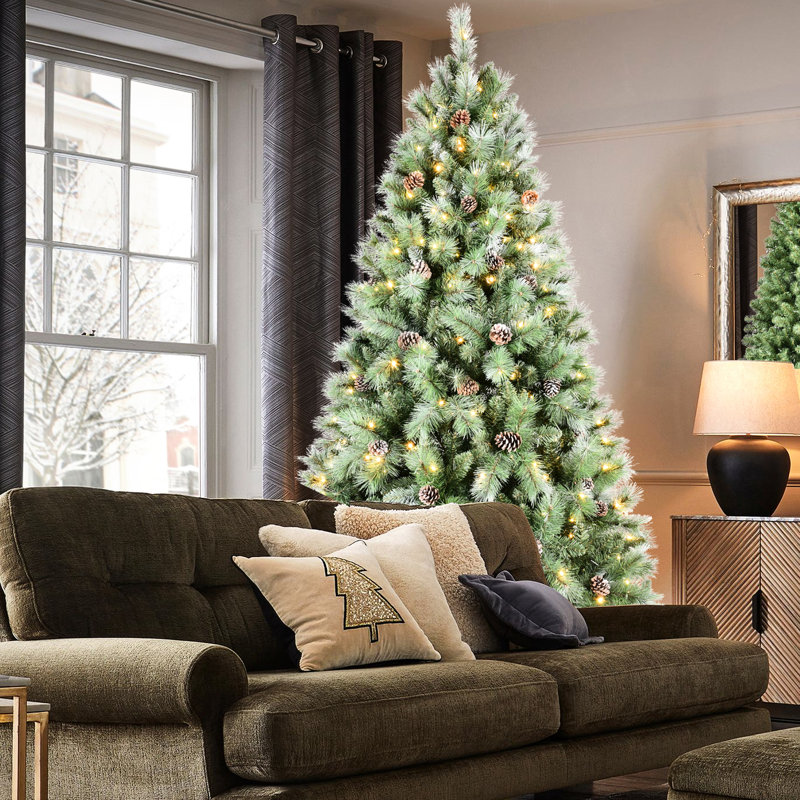 Arbre de Noël de 72 pouces avec 300 lumières blanches préinstallées, 988 pointes d'aiguille dure, 66 branches de pin, structure à charnières à assemblage rapide et support en métal