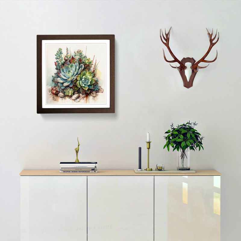Succulent Watercolour No.1 - Single Picture Frame Print on Wood, Walnut