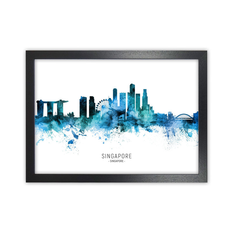 Singapore Skyline Blue City Name by Michael Tompsett - Print, Black Framed, 64cm H x 88cm W x 3cm D