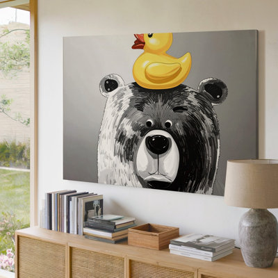 Toile, art mural noir et blanc Illustration d'un ours avec un canard en caoutchouc perché sur sa tête