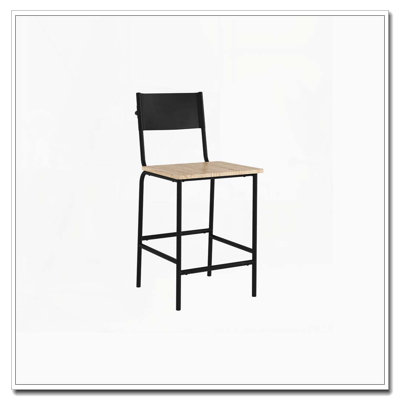 Tabouret industriel à hauteur de comptoir - structure en métal noir - siège imitation grain de bois
