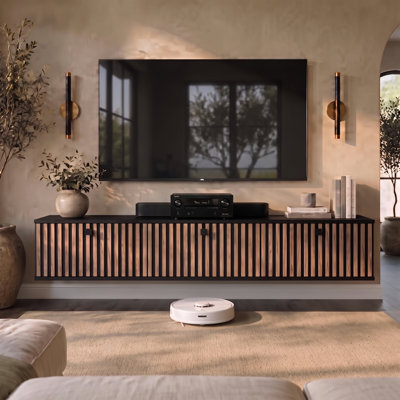 Colima Floating TV Stand with Real Oak Wood Veneer Slatted Doors and Storage, Modern Wall Mounted Media Console with Wood Veneer Fluted Doors for TVs up to 80", Black with Wood Veneer Slats