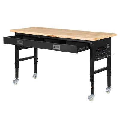 60-inch Adjustable Workbench, 1500 lbs Load Capacity, Garage Workbench with Drawer, Power Outlet, Wheels, and Pegboard, Heavy Duty Oak Wood Top Work Table for Garage, Workshop, Office, and Home