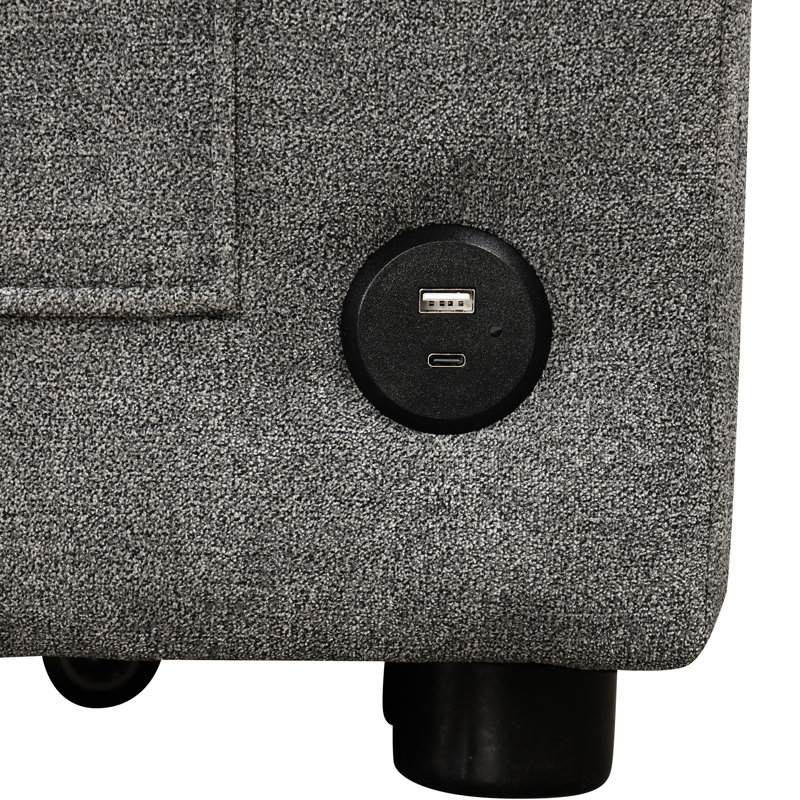 Lit gris avec rangement caché, porte-gobelets pratiques, espace de rangement modulaire en L à ports intégrés, ports, chenille, élégant