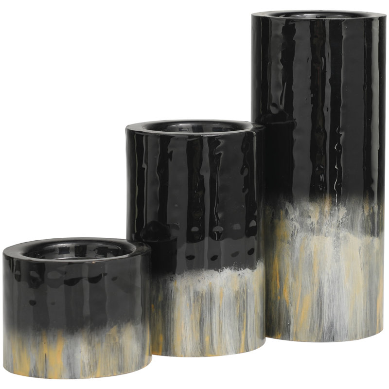 Metal Color block Decorative Candle Holder, Polished Black/Gray